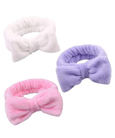 Bowknot Head Band Makeup Headband Elastic Bow Spa Head Bands Coral Fleece Headwrap for Washing Face Makeup Headband Purple