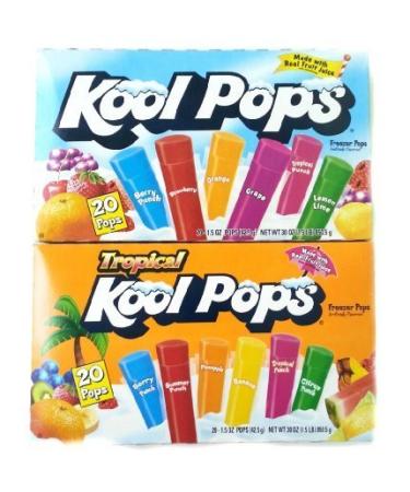 Kool Pops Freezer Pops (2 Boxes of 20) Tropical Flavored and Original by Kool Pops