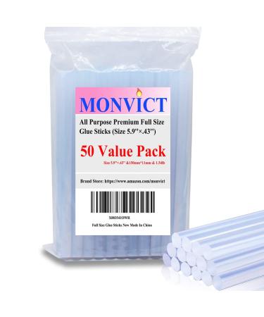 MONVICT Hot Glue Sticks, Pack of 50 (1.54 lb) 6"Long 0.43" Diameter Full-Size Hot Glue Gun Sticks Art Glues Pastes Hot Melt Sticks for Most Large Glue Guns, Clear Glue Sticks for DIY, Arts & Crafts Large Pack of 50