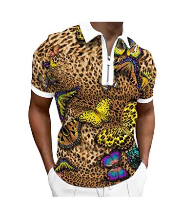 BEUU Mens Zipper Polo Golf Shirts, Summer Short Sleeve Leopard Print Graphic Sports Casual Tennis Top Shirt for Work 180- Khaki Large