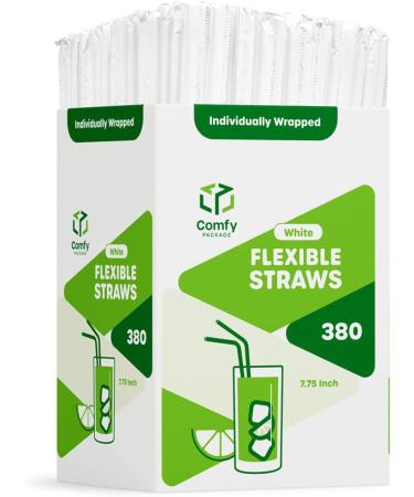 380 Pack Individually Wrapped Disposable Plastic Flexible Drinking Straws - BPA Free - White
