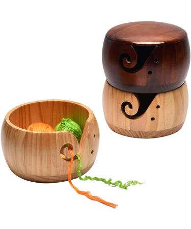 Handmade Dark Wood Yarn Bowl with Lid - Yarn Ball Holder for Knitting and Crochet - 12 Crochet Hooks Included - Buy Online on SooperMarket.com