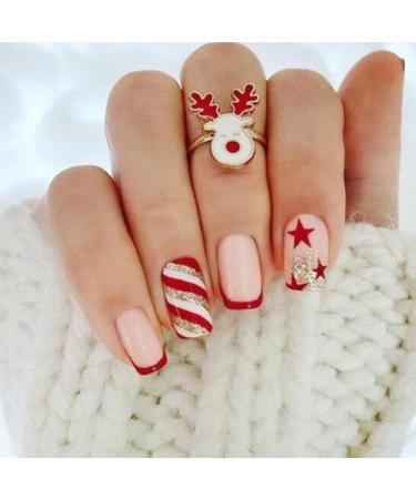 Vatocu Christmas False Nails Short Red Press on Nails Snowflakes Elk Fake Nails Snowman Acrylic Stick on Nails for Women and Girls(24pcs)