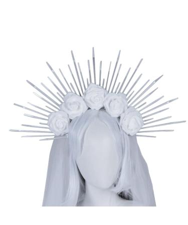 SunGoddess Crown Headband for Women VirginMary Halloween RoseFlower Hairband Party Dress Up Hairhoop Wedding Headpieces White large