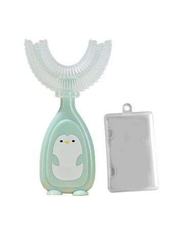 Kids U-Shaped Toothbrush with Storage Box - Cute Penguin Toothbrush Food Grade Soft Silicone Brush Head 360 Oral Teeth Cleaning Design for Toddlers and Children Green Small