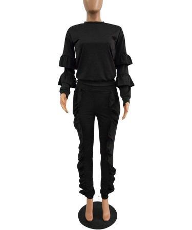 KANSOON Women 2-Piece Puff Sleeve Top & Flounced Pants Sweatsuit Set - Buy Online on SooperMarket.com