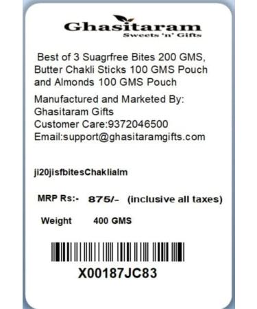 Jaiccha Ghasitaram Bhaidooj Gifts - Best of 3 Suagrfree Bites 200 GMS Butter Chakli Sticks 100 GMS Pouch and Almonds 100 GMS Pouch Best of 3 Suagrfree Bites Chakli Sticksand Almonds - Buy Online on SooperMarket.com