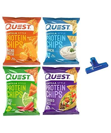 Quest Nutrition Tortilla Style Protein Chips, Nacho Cheese, Ranch, Chili Lime, and Loaded Taco, 1.1 Ounce (Pack of 16) - with Make Your Day Bag Clip