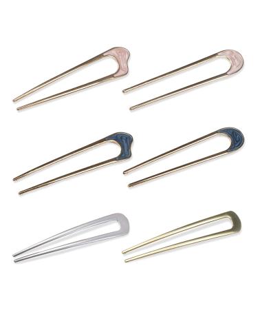 6 Pieces Metal U Shaped Hairpins French Hair Pin Hair Chignon Pins Metal Hair Pin Fork Sticks 2 Prong Bun Hairstyle Accessories for Women 6Pcs Gold silver