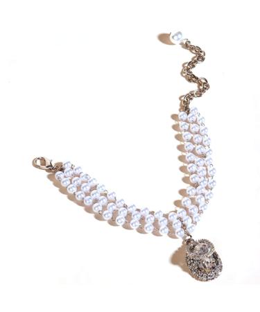 Rayminsino pet collar with three rows pearls around gemstone diamond necklace jewelry adjustable cat and dog decorative accessories l white