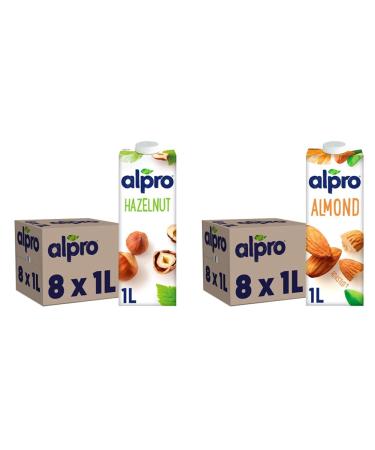 Alpro Hazelnut Plant-Based Long Life Drink Vegan & Dairy Free 1L (Pack of 8) & Almond Plant-Based Long Life Drink Vegan & Dairy Free 1L (Pack of 8) + Almond Plant-Based Drink