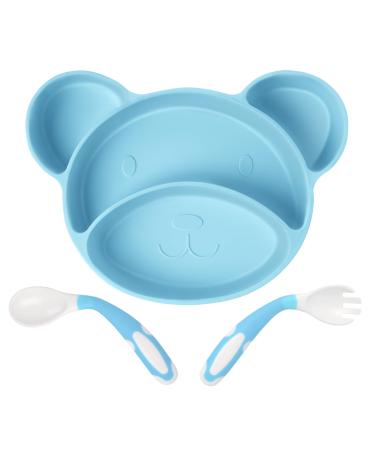 Vicloon Baby Suction Plate Toddler Baby Feeding Plate Non-Slip Silicone Baby Divided Placemat with Bendable Fork & Spoon for Self Feeding Training Dishwasher & Microwave Safe Blue