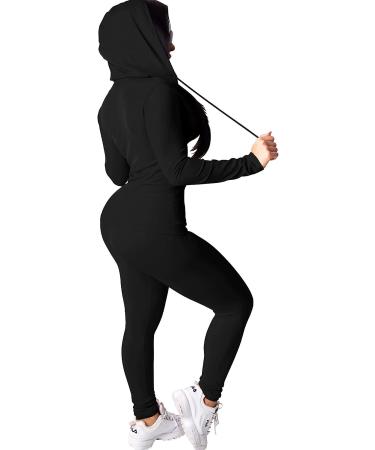 PINSV Women's Two Piece Workout Set - Bodycon Tracksuit with Zip Up Hoodie and Jogger Sweat Pants in Black - Size X-Large - Buy Online on SooperMarket.com