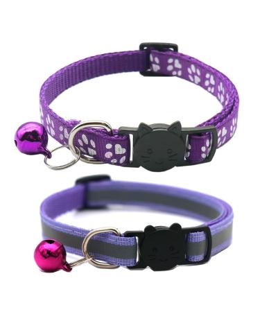 Hepplly 2-Pack Cat Collars Quick Release Reflective Kitten Collar with Bell (Purple)