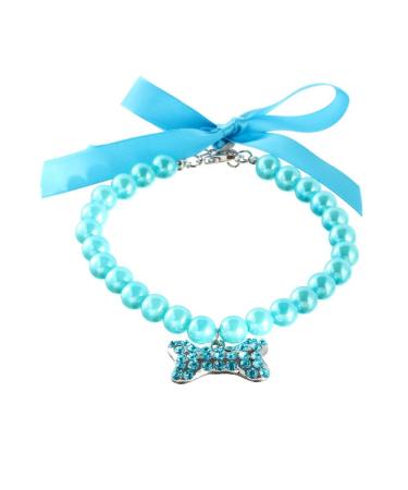 RayMinsino Dog and Cat Collar with Pearls and Bone Pendant Adjustable Collar M Blue