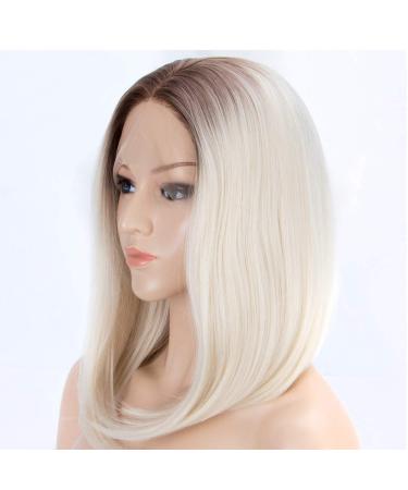 SHIYID Blonde Short Wigs for Women Synthetic Lace Front Wig Wig with Light Brown Roots to White Straight heat resistant fiber