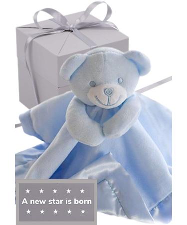 BUSHBABY 'A new star is born' new baby gifts comfort blanket in box | baby gifts boys blue for mum| baby comforters| plush teddy security blanket| baby soft toy| newborn baby gifts Blue 10 cm (Pack of 1)