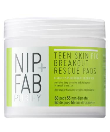 Nip + Fab Teen Skin Fix Zero Breakout Rescue Face Pads with Salicylic Acid Witch Hazel and Antioxidant Wasabi Extract BHA Facial Pad for Cleansing Pores Prevent Breakouts Blemishes 60 Count