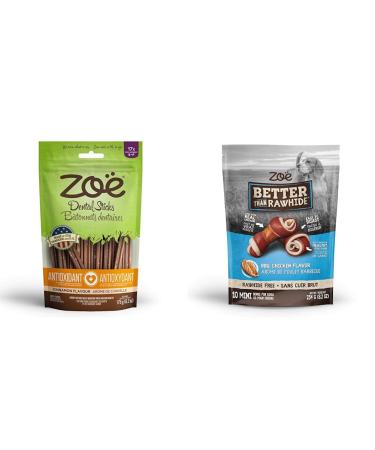 Zoe Dental Sticks for Dogs Antioxidant Small Cinnamon Flavor 6.2 oz Brown & Zo Better Than Rawhide Bones for Dogs Mini BBQ Chicken Flavor (8.2 oz) 234 g (Pack of 1)