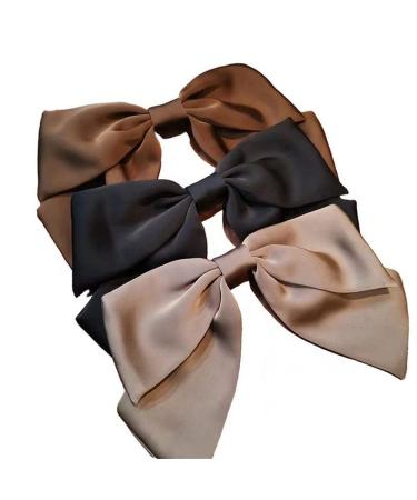 Large Hair Bows Hair Barrettes Silky Satin Ribbon French Bowknot Hair Clips For Thick And Fine Hair Accessories For Women Girls (black brown khaki)