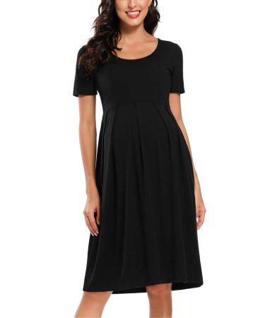 Love2Mi Womens Short-Sleeve Maternity Dress Casual A-Line Midi Pregnant Dress XL Black