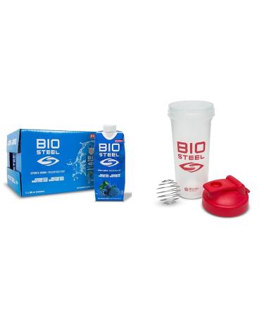 BioSteel Sports Drink Blue Raspberry (16.7 Fl Oz 12-Pack) + Shaker Cup with Wire Whisk (24 Oz) Drink + Shaker Cup 24 Ounce Blue Raspberry 500 ml (Pack of 12)