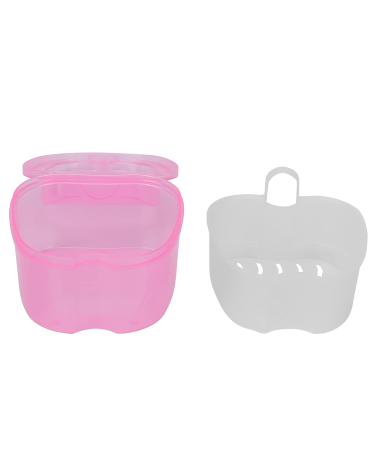 Denture container with sieve denture bath cleaning soaking cup retainer cleaner container denture cup for braces (pink)