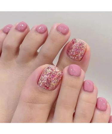 GORS 24Pcs Pink French Tip Press on Toenails Nude Square Toe Nail Tips Full Cover Press Ons Toe Nails Glitter Powder Acrylic False Toe Nails Summer Glue on Fake Toe Nails Kit for Women and Girls Pink & Glitter Powder
