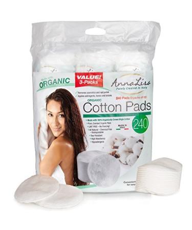 AnnaLisa 100% Pure ORGANIC Combed Cotton Pads for Makeup/Nail Polish Removal |240-Piece Italian Round Facial Cleansing| 3 Packs of 80 Hypoallergenic & Absorbing Cotton Rounds for Face closed ends