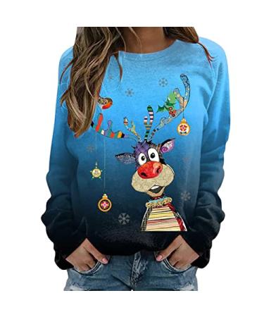 Christmas Sweatshirts for Women Happy New Year 2023 Print Sweatshirt Elk Print Sweatshirt Crew Neck Long Sleeve Tops 7-dark Blue Medium