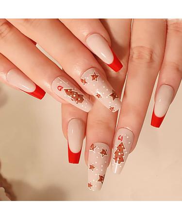 Vatocu Christmas False Nails Long Xmas Press on Nails Snowflakes Glitter Fake Nails Ballerina Acrylic Stick on Nails for Women and Girls(24pcs)
