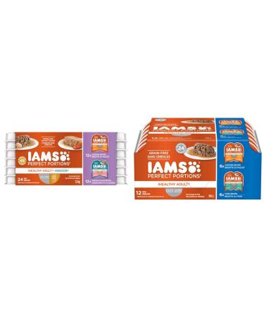 IAMS Perfect PORTIONS Adult Wet Cat Food - Chicken CIG and Indoor Salmon Pat Variety Pack 75g & PERFECT PORTIONS Healthy Adult Wet Cat Food Cuts in Gravy - Chicken and Tuna 12CT Multipack 75g Tray Chicken and Tuna Wet Cat Food + Cat Food 75 g (Pack of 12)