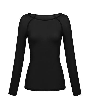 Ladies White T Shirt Womens Solid See Through Long Sleeve Seamless Arm Shaper Top Mesh Shirt Blouse Ladies White T Shirt (Black, M) Medium Black