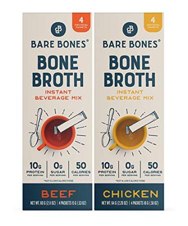 Bare Bones Bone Broth Instant Powdered Beverage Mix, Chicken & Beef, Variety Pack of 8, 4 Chicken & 4 Beef - 15g Sticks, 10g Protein, Keto & Paleo Friendly