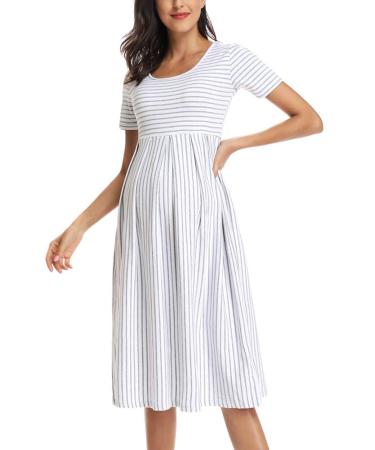 Love2Mi Womens Short-Sleeve Maternity Dress Casual A-Line Midi Pregnant Dress XL White Grey Stripe