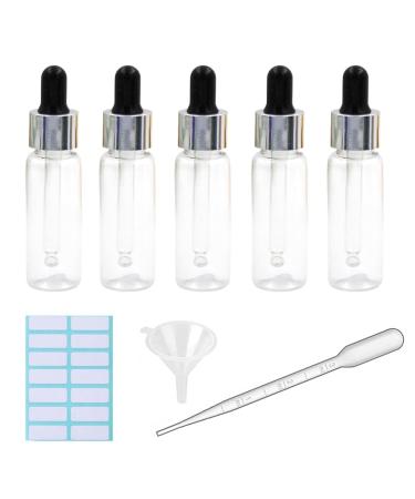 5Pcs Transparent Dropper Bottle 20ML Plastic Eye Dropper Bottles for Essential Oil Pipette Refillable - with Measured Pipette Funnel and Labels (Black + Silver Cap) 20ml Black + Silver Cap