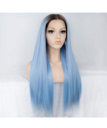 SHIYID Blue Wig for Women | Synthetic Lace Front Wig with Brown Roots | Long Straight Light Blue Hair - Buy Online on SooperMarket.com