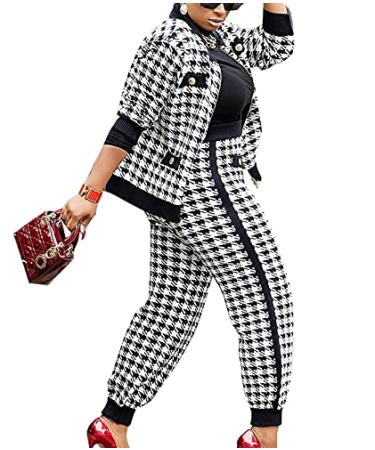 SOMTHRON Womens Houndstooth Print 2 Piece Outfit Zip Up Long Sleeve Jacket Long Pants Set Work Suits Tracksuit X-Large Black
