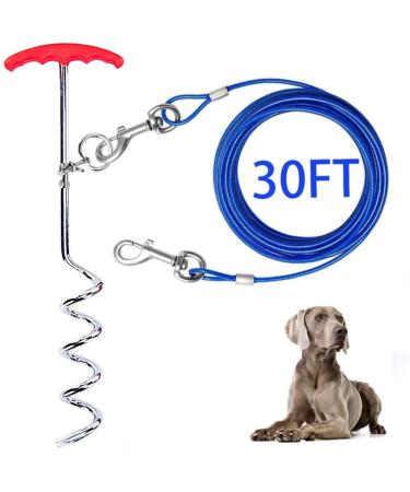 Dog Tie Out Cable and Stake 30ft Outside Dog Leash & Chain for Camping and Yard 16'' Heavy Duty Anti Rust Spiral Stake for Medium-Large Dogs Up to 125 lbs (30FT Blue)