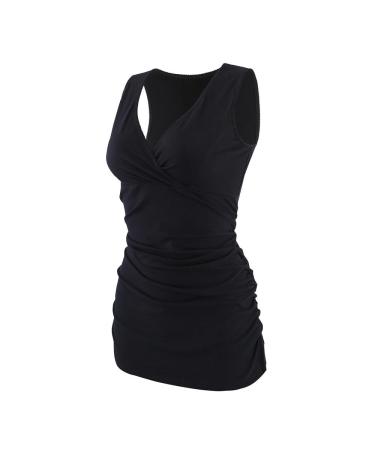 ZUMIY Maternity Nursing Top Pregnant Breastfeeding Shirt Women's Cotton V Neck Ruched Waist Double Layered Tank S Black
