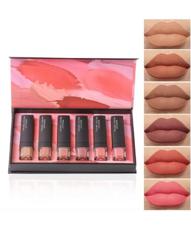 6Pcs Matte Lipstick Makeup Set Long-Lasting Wear Non-Stick Cup Nude Lip Gloss Set Make Up Gift Set (Lipstick A)