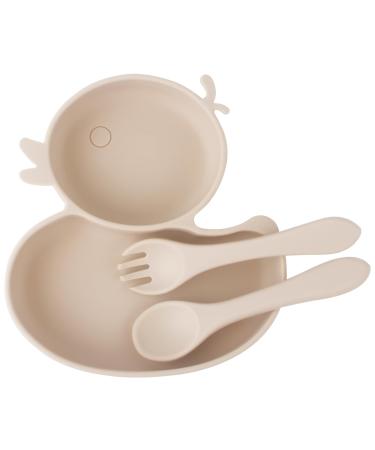 Baby Suction Plate Silicone Toddler Plate for Kids Baby Weaning Plate Strong Suction Divided Dish with Fork Spoon BPA Free (Beige)