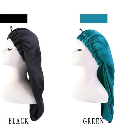 LadayPoa 2 Pcs Long Satin Sleep Cap for Women Girls - Black+Green Silky Bonnet for Long Curly Hair Protection - Buy Online on SooperMarket.com