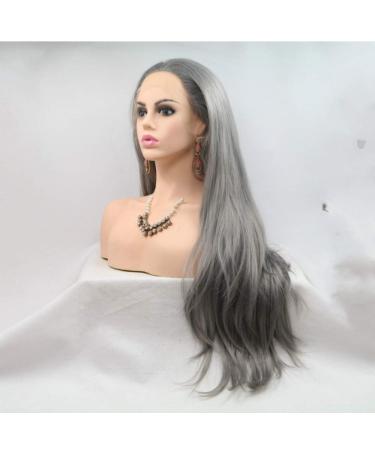 SHIYID Smoky Gray Long Straight Lace Front Wig | Heat Resistant Synthetic Hair for Women - Soft & Stylish - Buy Online on SooperMarket.com