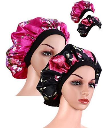 2 Pieces Wide Band Satin Cap Sleep Bonnet Soft Night Sleep Hat for Women and Girls (Black and Rose red)