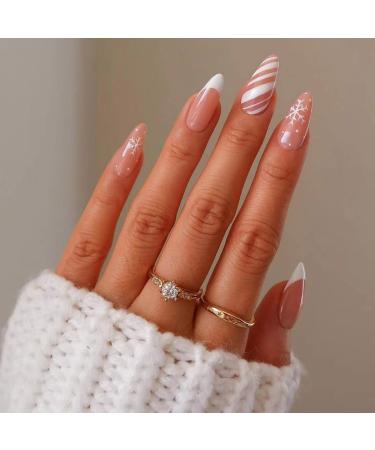 Vatocu Christmas False Nails Short Red Press on Nails Snowflakes Elk Fake Nails Snowman Acrylic Stick on Nails for Women and Girls(24pcs)