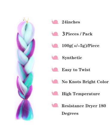 Jumbo Braiding Hair Fiber Mix 3pcs - Rainbow Colors Extensions - Kanekalon Synthetic Hair - 24 Inch - Blue-Light Purple-Pink - Soft & Healthy - Buy Online on SooperMarket.com