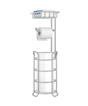 TomCare Toilet Paper Holder Upgraded Toilet Paper Stand with Raised Feet Metal Bathroom Accessories Tissue Paper Dispenser Free Standing Toilet Paper Roll with Storage Shelf Bathroom Storage Organizer Silver Grey