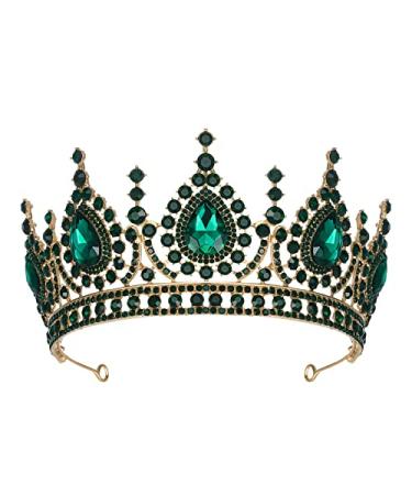 SWEETV Baroque Tiara Queen Crown for Women Crystal Wedding Tiara for Bride Halloween Prom Birthday Party Hair Accessory Green
