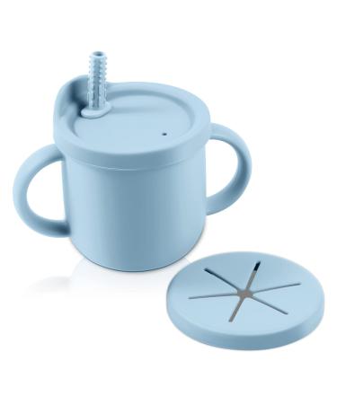 LUOWAN Sippy Cups for Baby 6 months Silicone Baby Straw Cup Spill Proof Toddler Snack Cup with 2 Handles 8OZ Blue